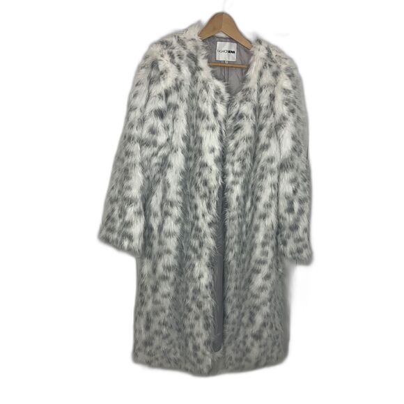 Fashion Nova Snow Leopard Faux Fur Coat – White Gray Animal Print Long Jacket - Picture 2 of 7